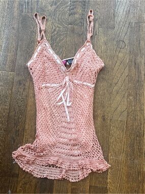 Crocheted Peach Pink Tank Top with Tie Front